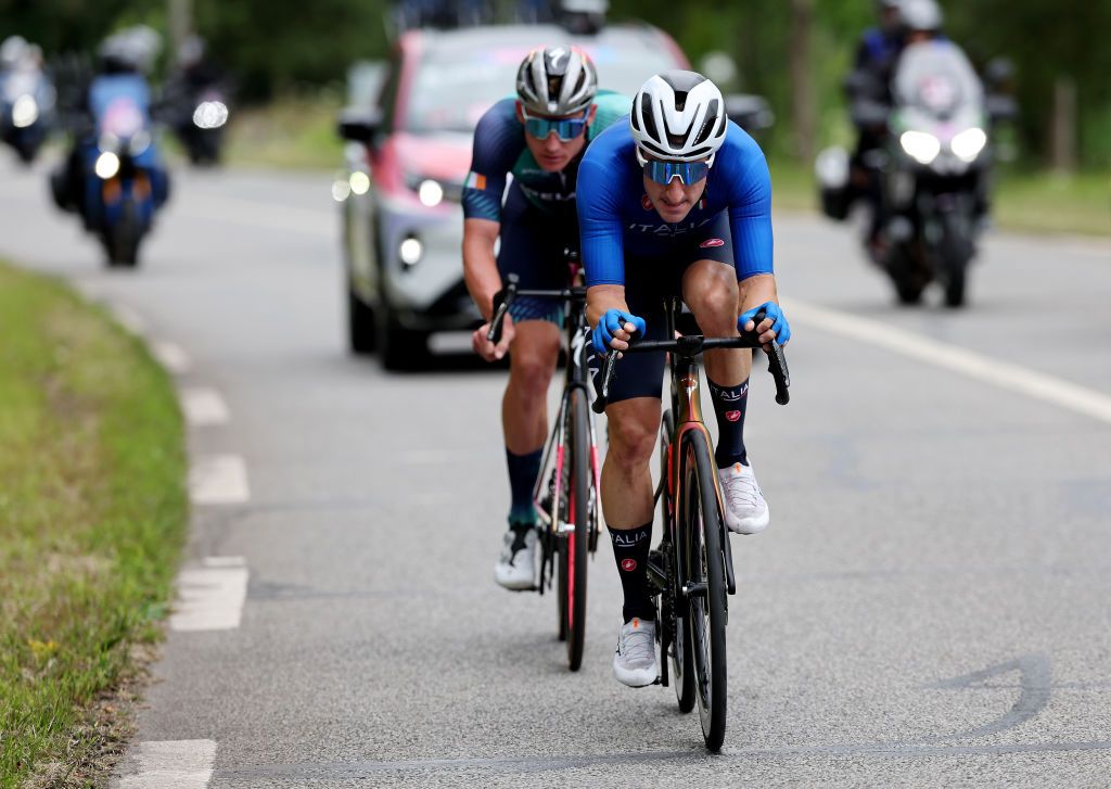 PARIS FRANCE AUGUST 03 Elia Viviani of Team Italy competes in the breakaway during the Mens Road Race on day eight of the Olympic Games Paris 2024 at trocadero on August 03 2024 in Paris France Photo by Tim de WaeleGetty Images