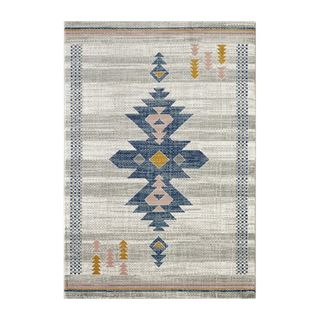 Southwestern style rug in neutral, blue and orange