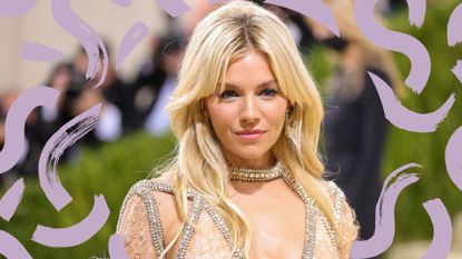 Sienna Miller on the red carpet of the Met Gala with a curtain bangs hairstyle
