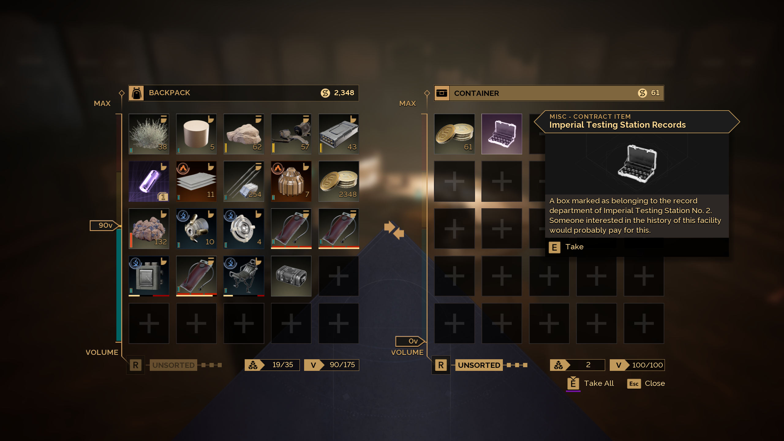 Dune: Awakening minimic film location - The Imperial Testing Station Records item inside a container inventory.