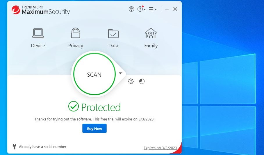 Trend Micro antivirus dashboard on a Windows desktop