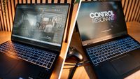 Photos of a laptop on a wooden desk, one plays Blender the other Control Resonant