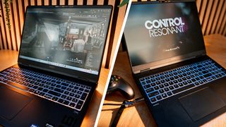 Photos of a laptop on a wooden desk, one plays Blender the other Control Resonant