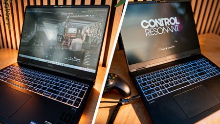 Photos of a laptop on a wooden desk, one plays Blender the other Control Resonant