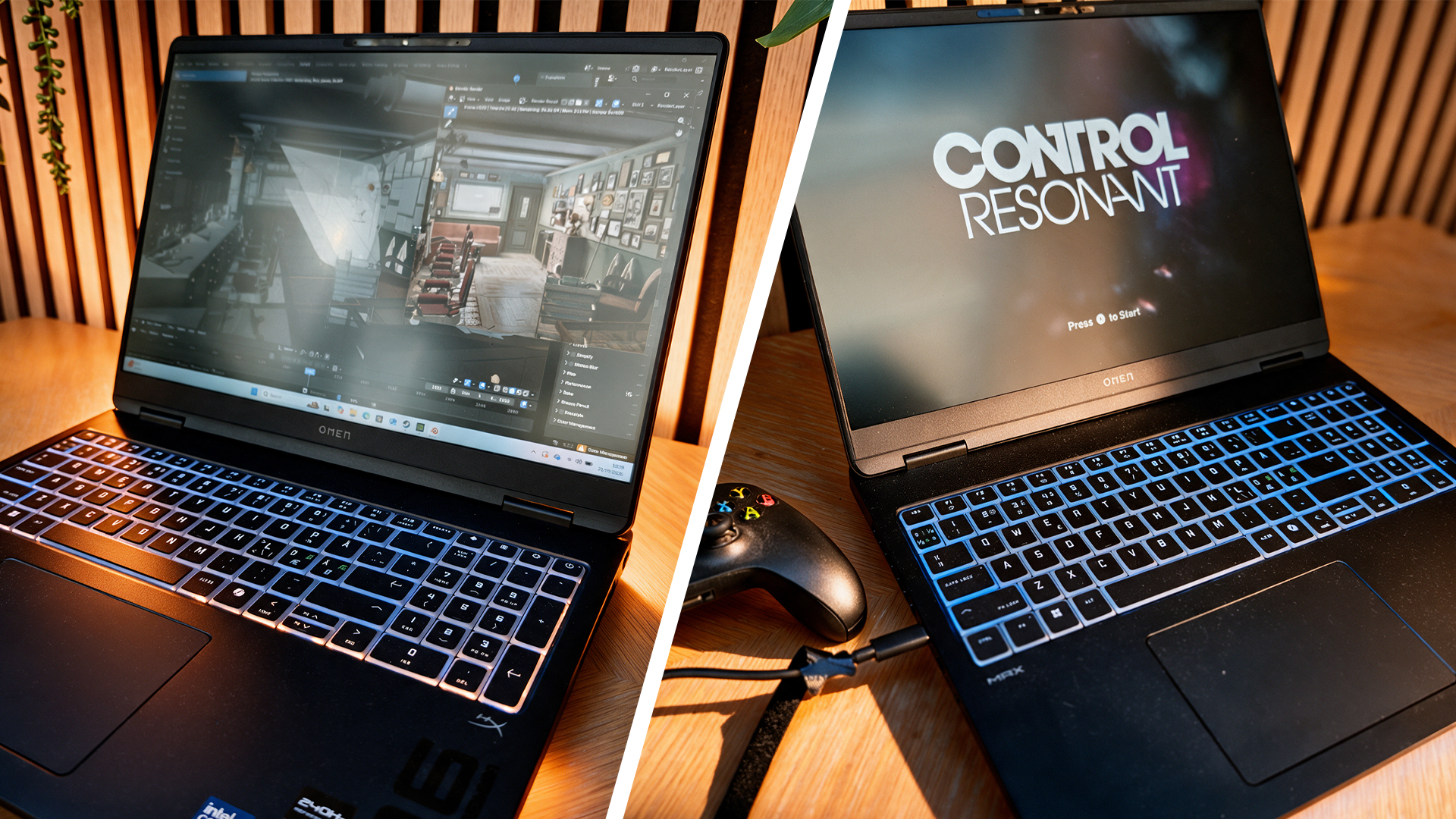 Photos of a laptop on a wooden desk, one plays Blender the other Control Resonant