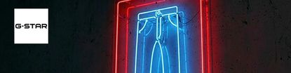 gstar logo top left with a neon light in a shape of blue jeans