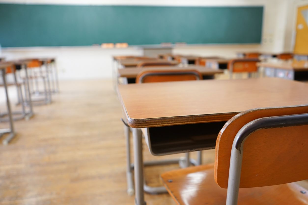 Desks in a classroom.