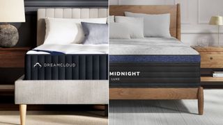 The image shows the navy blue DreamCloud mattress on the left and the navy blue Helix Midnight Luxe mattress on the right in a side by side comparison