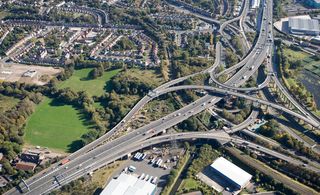 An aerial view of the complex Gravelly Hill Intersection