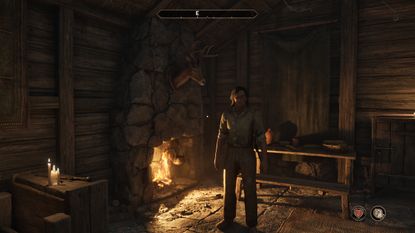 A character stood next to a fireplace in a Bruma house, in a screenshot of The Elder Scrolls 4: Oblivion Remastered