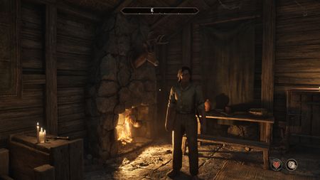 A character stood next to a fireplace in a Bruma house, in a screenshot of The Elder Scrolls 4: Oblivion Remastered