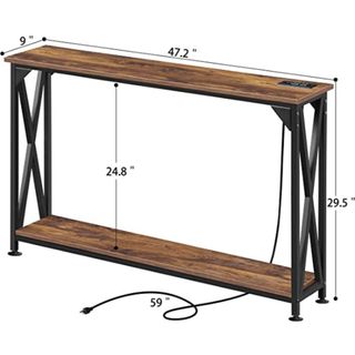 Dansion 2 Tiers Console Sofa Table with Power Outlet, Industrial Entryway Table with Open Storage Shelf, Accent Side Table with LED Strip Lights for Hallway Living Room, X-Shaped Metal Frame Support