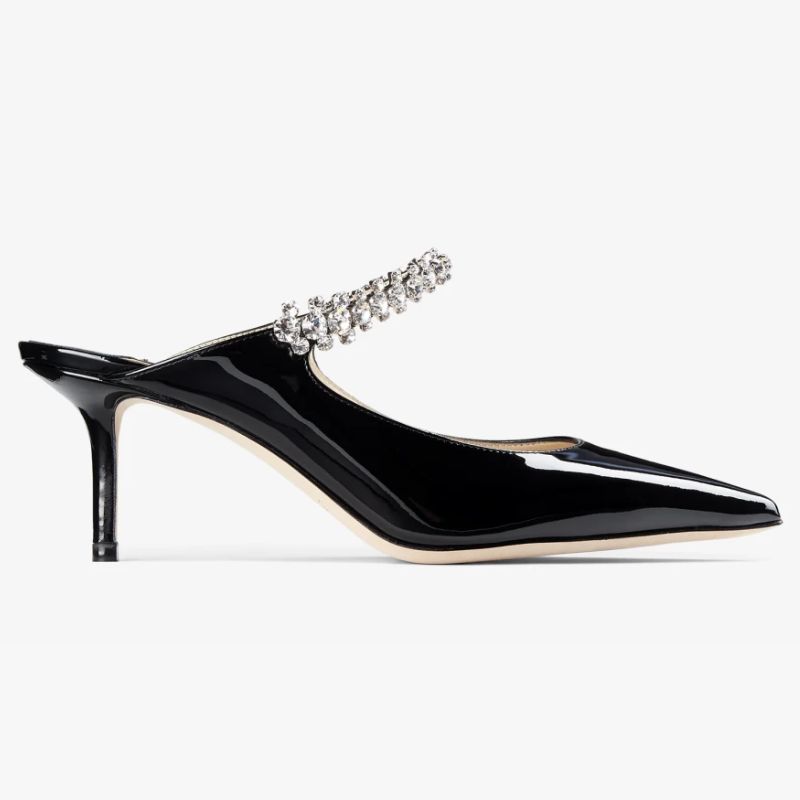Jimmy Choo Bing 65 Black Patent Leather Mules with Crystal Strap