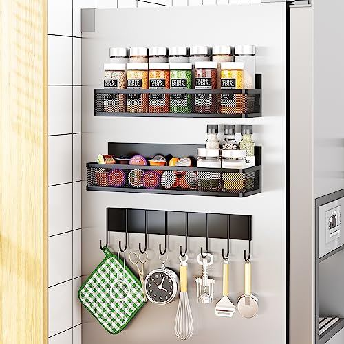 Aufworld Magnetic Spice Rack for Refrigerator, 3 Pack Magnetic Shelf, Moveable Magnet Fridge Organizer With 8-Hook Rack, Seasoning Organizer for Kitchen Organization and Storage (3 Pack)