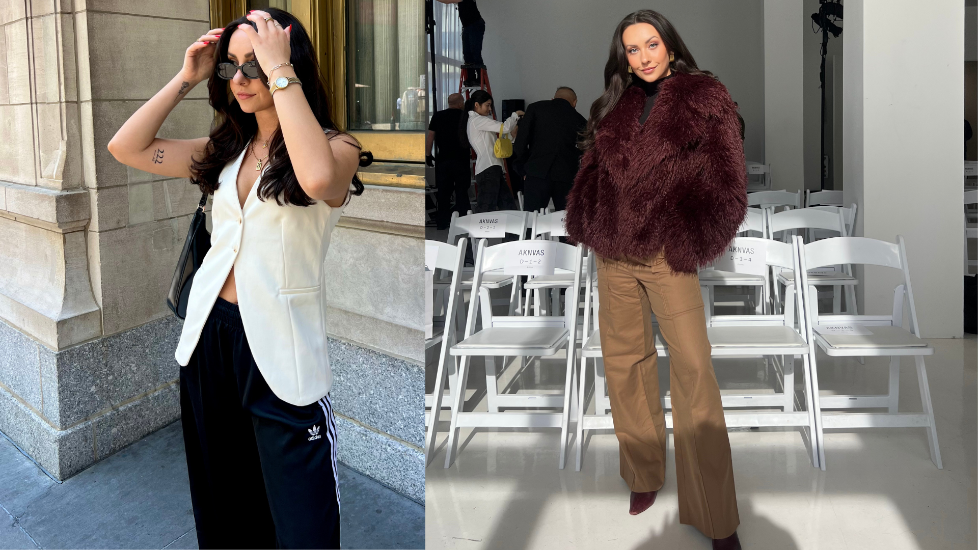 Kendall Becker wearing Adidas track pants and a faux fur burgundy jacket. 