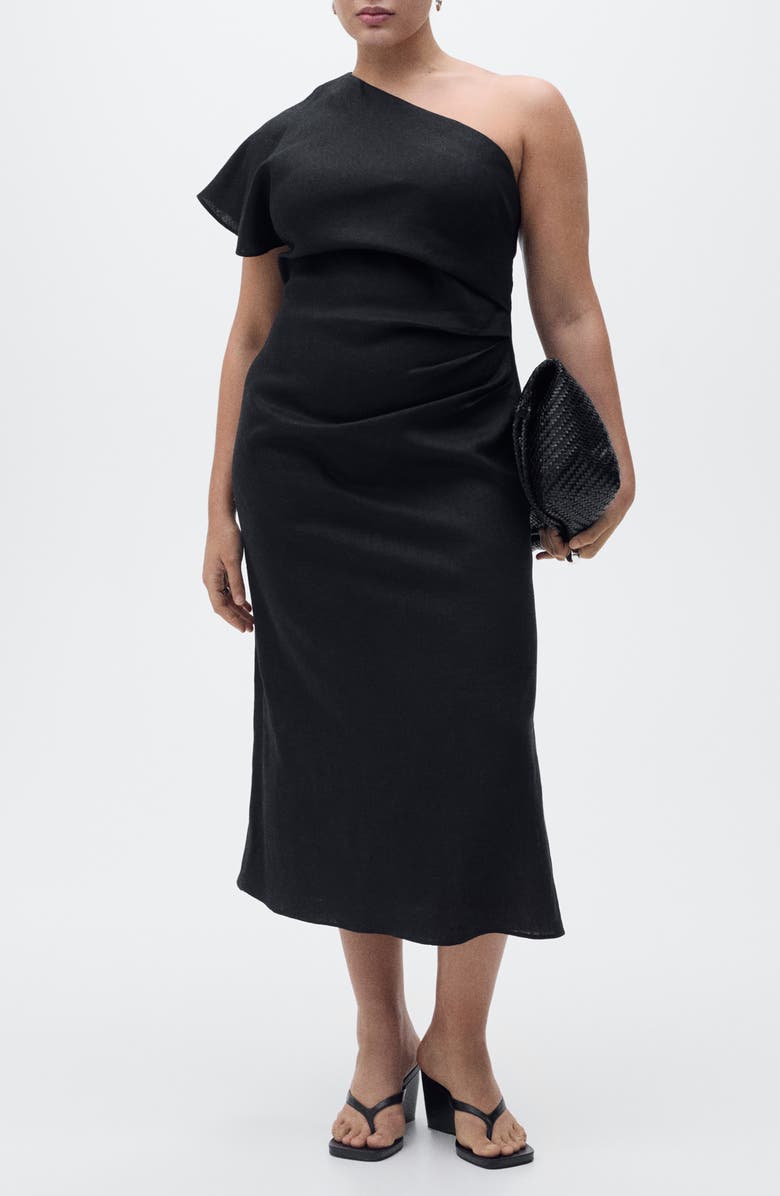 One-Shoulder Linen Midi Dress