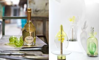 Two side-by-side photos of Ruinart champagne next to green sphere-shaped pieces of glass and three sculptural glass pieces from The Glass Calendar collection