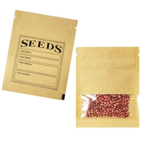 Pabck 100 Pack Small Resealable Seed Envelopes With Clear Window 2.7x3.7inch Brown Kraft Paper Packet With Preprinted Seed Collecting Template for Seed Flower Vegetable Plants Garden Storage Packaging