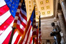 U.S. flags in Statuary Hall at the US Capitol in Washington, DC, on May 16, 2024