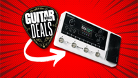 A Mooer GE150 multi-effects pedal on a red background with the Guitar World deals logo