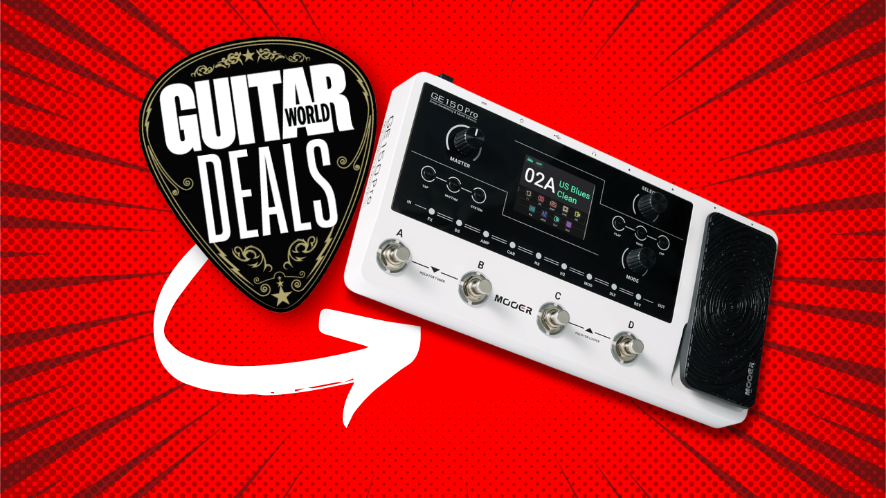 A Mooer GE150 multi-effects pedal on a red background with the Guitar World deals logo