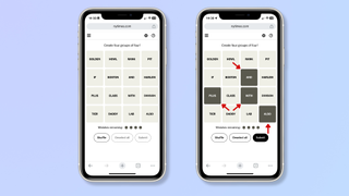 The first screenshot shows a 4 x 4 grid with 16 words. The second screenshot shows the same grid with red arrows pointing at four different words that are highlighted. 