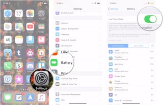 Battery troubleshooting showing how to enter Low Power Mode by tapping Settings, then Battery, then tapping the switch for Low Power Mode