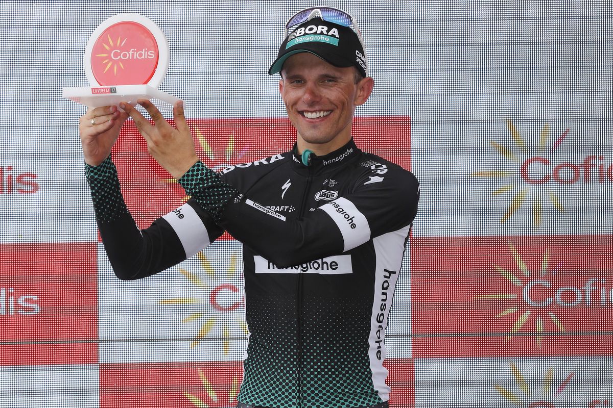 Rafal Majka celebrates his Vuelta a Espa&ntilde;a stage victory.