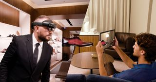 Two images. Left, a man wearing a suite in a shoe shop and wearing virtual reality goggles. Right, a man wearing casual clothing seated on his couch and looking at shoes on his tablet.