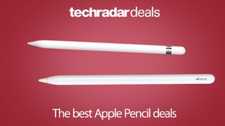 Apple Pencil on a red background with the TechRadar deals logo above