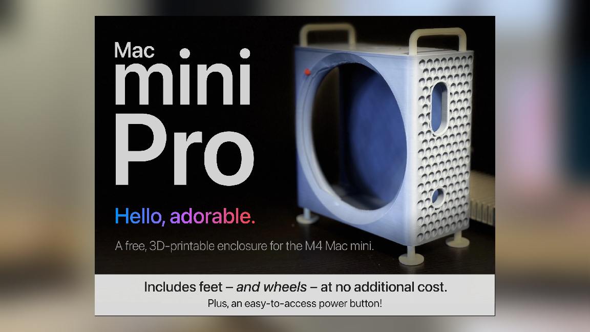 A M4 Mac Mini has been mounted inside of a 3D printed case, making the tiny hardware look like a shrunk down Mac Pro tower.