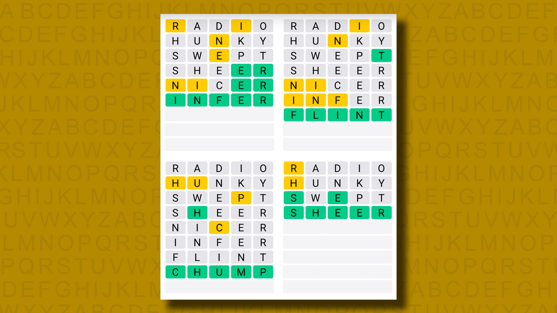 Quordle answers for game 1148 on a yellow background