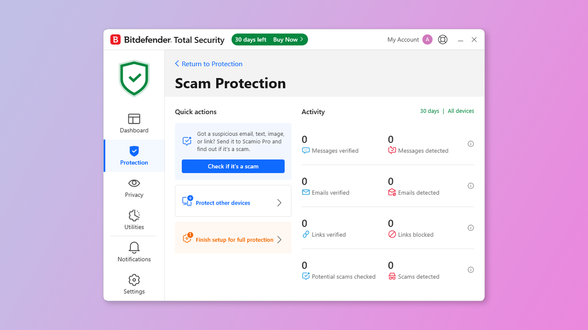 Bitdefender&amp;rsquo;s Scam Protection dashboard
