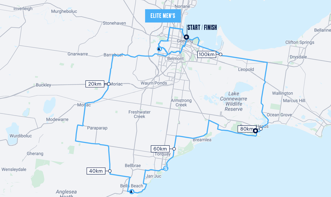 Route map for men's 176km Cadel Evans Great Ocean Road Race in 2023