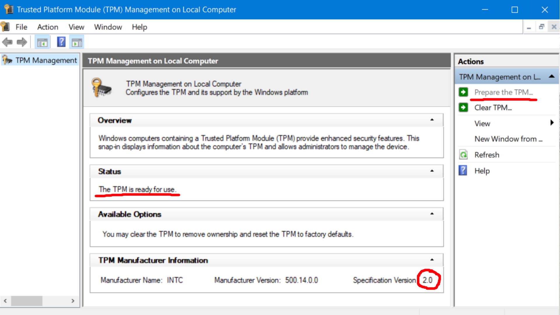 Windows TPM manager screenshot