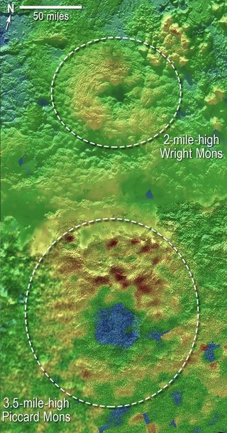 Two of Pluto's mountains, named (informally) Wright Mons and Piccard Mons, may be ice volcanoes. Image released November 9, 2015.