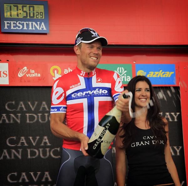 Thor Hushovd (Cervelo TestTeam) celebrates the third Vuelta stage win of his career.