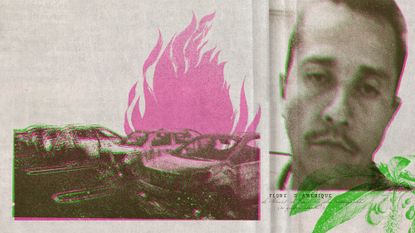 Photo collage of a photo of Nemesio Oseguera Cervantes, known as 'El Mencho', and burning cars.