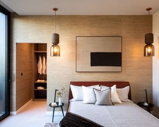 Mid century modern decor with bedroom hessian wallpaper