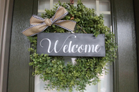 22" Round Farmhouse Faux Boxwood Wreath With Black and White Sign and Bow