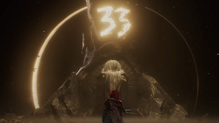 Maelle, a character in Clair Obscur: Expedition 33, kneels in deference to a monolith of the paintress, which holds a 33 emblazoned on its center.
