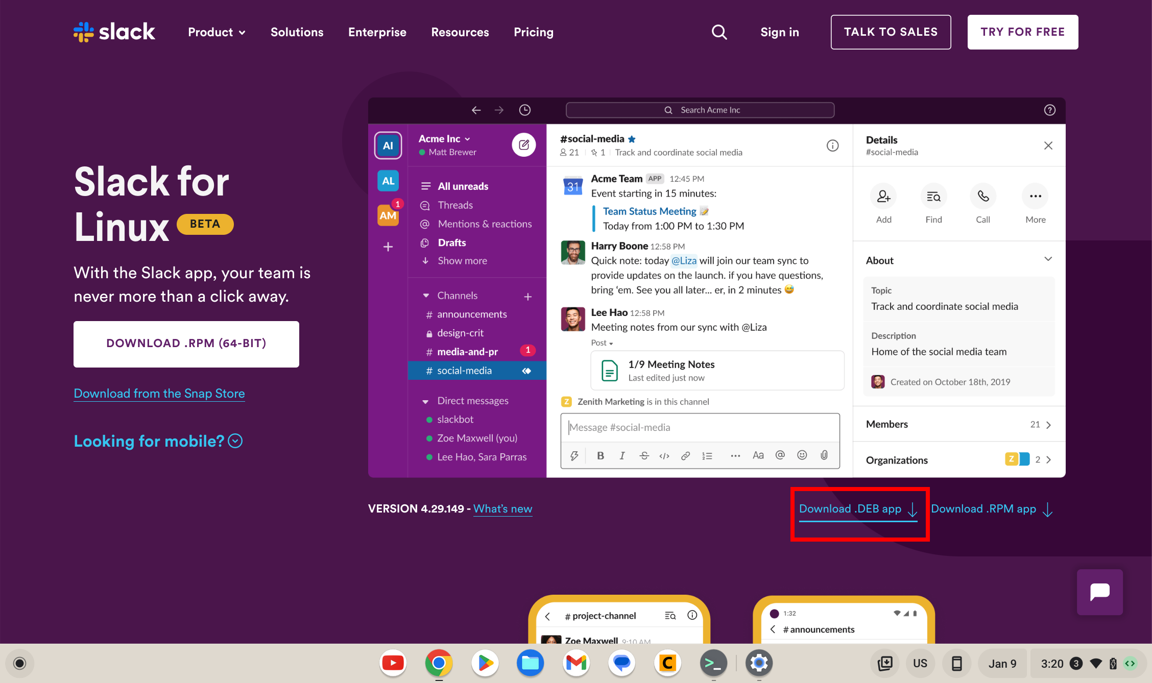 Página de download do Slack para Linux