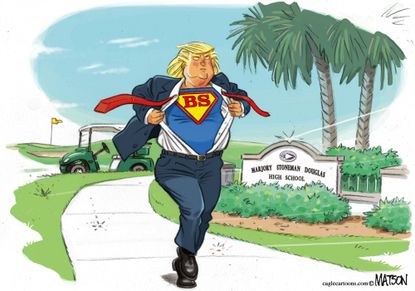 Political cartoon U.S. Trump heroism Parkland shooting Superman