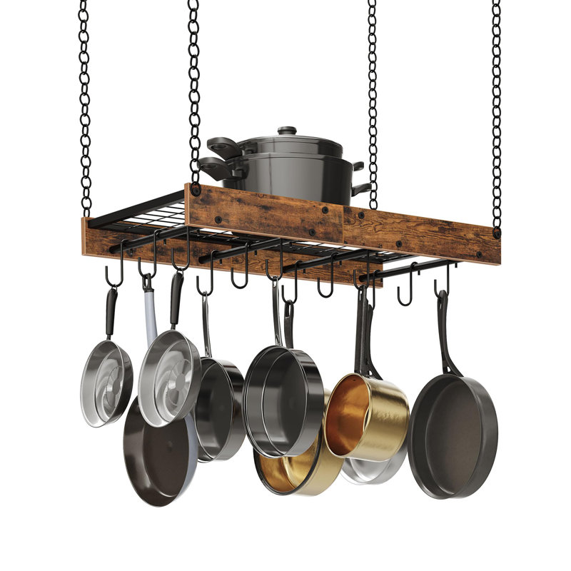 17 Stories Vintage Ceiling Mounted Pot Rack With 12 S-Hooks - Rustic Brown and Black &amp;amp; Reviews | Wayfair