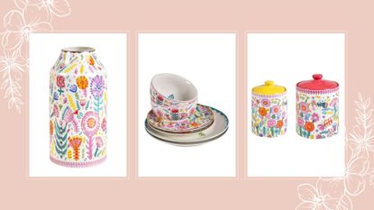 Compilation image of products on a pink background to show the new Lucy Tiffney at Next homeware showing a floral vase, dinner set and two ceramic jars 