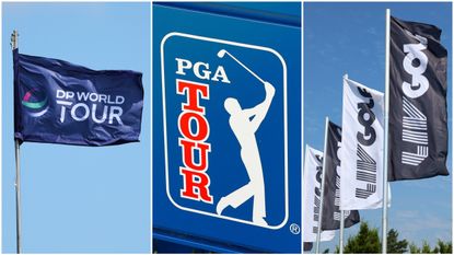 The DP World Tour, PGA Tour and LIV Golf logos