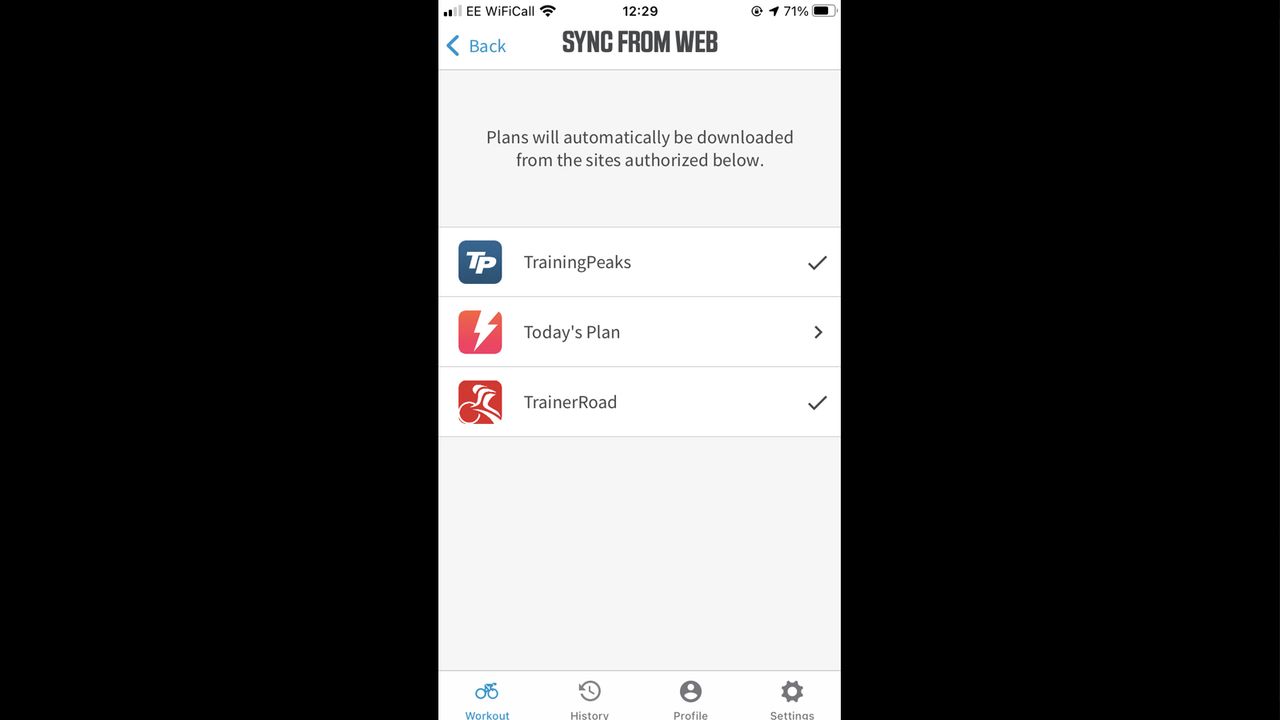 Screen grab from the Wahoo Elemnt app showing the connected apps for workouts