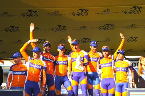 The Dutch Rabobank team on cloud nine after winning the team time trial in Tirreno-Adriatico