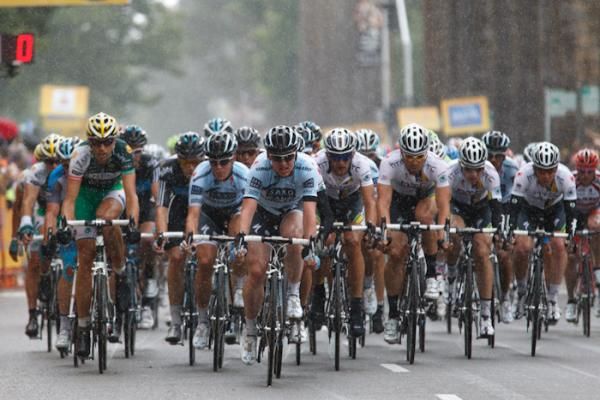 A brief rain squall hit the field during its finishing laps in Sacramento.