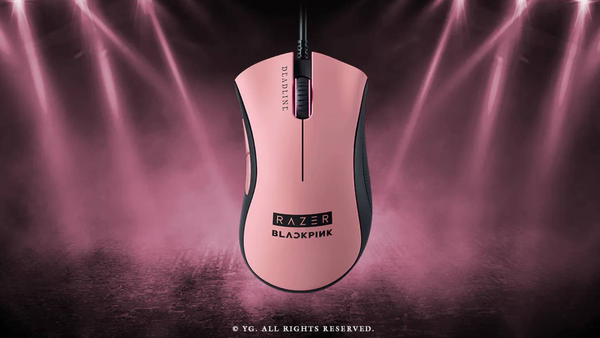 Image of the Razer Blackpink wired gaming mouse with a black and pink background behind it.